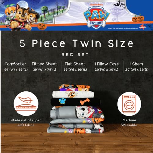 Image of Paw Patrol Kids Halloween Bedding 5 Piece Super Soft Cozy Reversible Comforter and Sheet Set with Sham, Twin, (Officially Licensed Product) By Franco