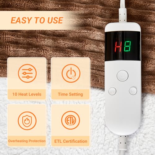 Image of Heated Blanket Electric Queen, Soft Flannel Heating Blanket with 8 Hours Auto Off 10 Fast Heating Levels Machine Washable Sherpa Heated Blanket with Overheating Protection