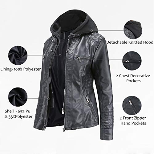 Tagoo Faux Leather Jacket Women Motorcycle Coat For Biker With Removable Hood Plus Size Black #TOP3