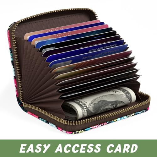 Image of Aiawoxc Credit Card Holder, Small RFID Wallet Slim Leather Card Organizer Case with Zipper and Keychain, Elegant Flowers