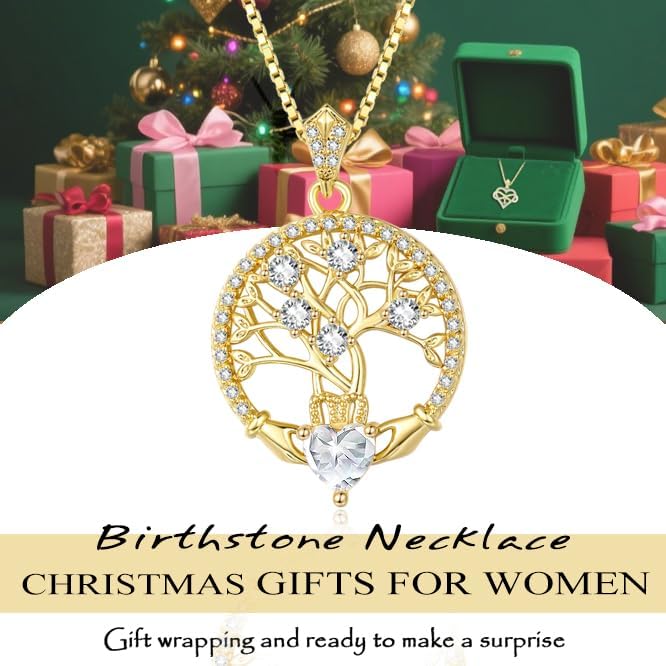Tree of Life Necklaces for Women Gold,Anniversary Christmas Birthday Gifts for Wife, 14K 18K Gold Necklace Fashion Everyday Jewelry with Heart Birthstone Pendant