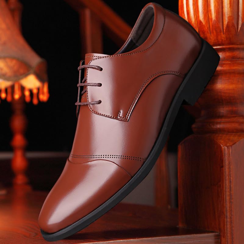 Dress Oxford for Men Lace Up Round Toe PU Leather Cap Toe Derby Shoes Non Slip Block Heel Rubber Sole Low Top Classic(Brown,8.5)2