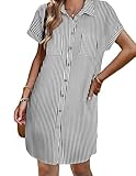 Zeagoo Women's Cotton Dresses Casual Flowy Short Sleeve Linen Shirt Dress Button On A-Line Summer Beach Sundress Relax Travel Cover Ups Stripe PrintM