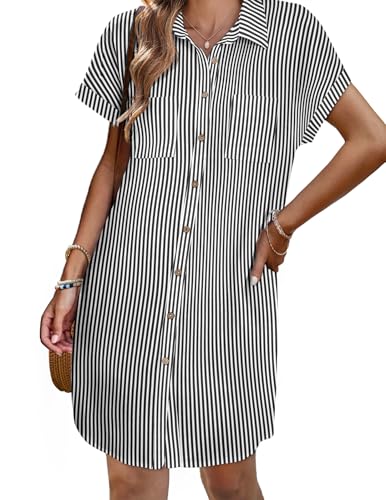 Zeagoo Ladies Summer Dresses Short Sleeve Cotton Linen Dress V-Neck Button Down Mini Sundress with Pockets Petite Beach Cover Up Black+White Stripe S