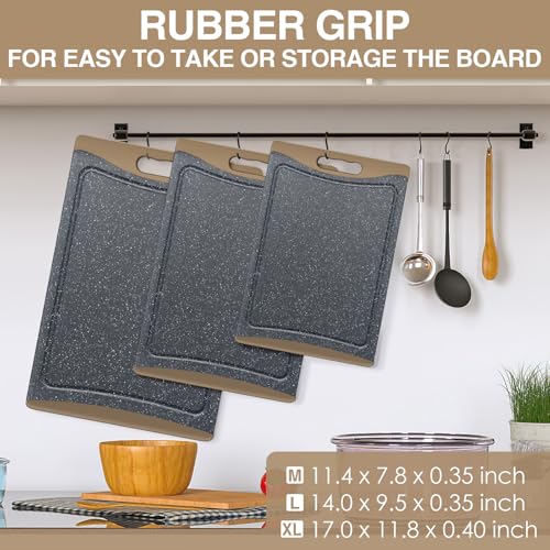 Image of Extra Large Cutting Boards, Plastic Cutting Boards for Kitchen (Set of 3) Cutting Board Set Dishwasher Chopping Board with Juice Grooves Easy-Grip Handles, Brown, Empune