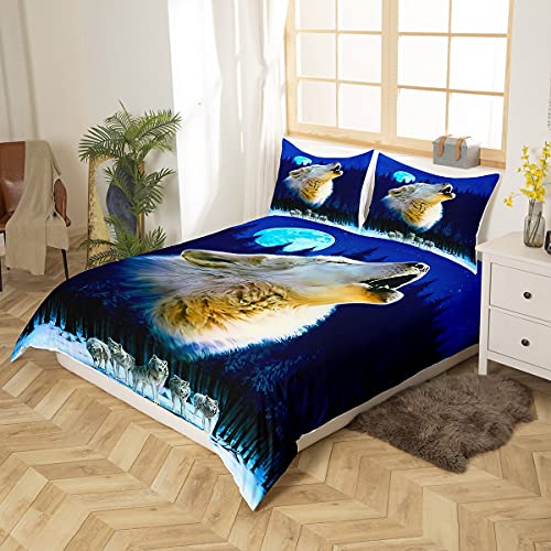 3D Wolf Duvet Cover Kids Moon And Trees Print Bedding Set For Boys Teens 5 Pcs Cool Galaxy Blue Wolf Comforter 3D Starry Sky Print Duvet Cover With 2 Pillow Shams 3D Bedding Soft Bedroom Decor Queen #TOP1