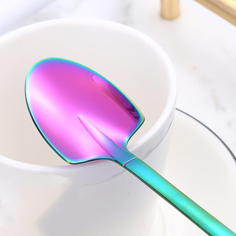 10Pcs Shovel Spoons Stainless Steel Spoon Reusable Dessert Spoons for Coffee Tea Ice Cream Fruit Sugar Cake(Rainbow)