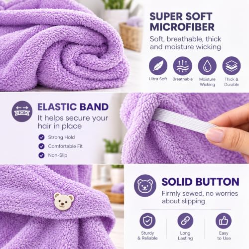 Image of Hair Towel Wrap for Women-Quick Drying Microfiber Towel for Hair with Elastic Loop for Tying-Super Absorbent Head Towels Wrap for Ladies Hair Turban (Pack 1, Purple)