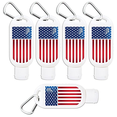 American Flag Extra-Moisturizing Hand Lotion with Clip, 5-Pack of 1.5 Oz Airline Approved Bottles. With Aloe Vera, Shea Butter, Cocoa and Mango Butter, Vitamin E. Patriotic, Stars and Stripes.