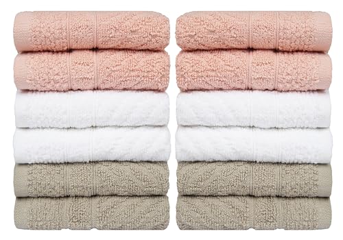 Image of PH Pleasant Home Diagonal Wash Cloths Set - 12 Pack (12 inch x 12 inch) - 509 GSM - 100% Ring Spun Cotton Wash Cloth - Super Soft and Highly Absorbent Face Towels (Blush,White & Tan)