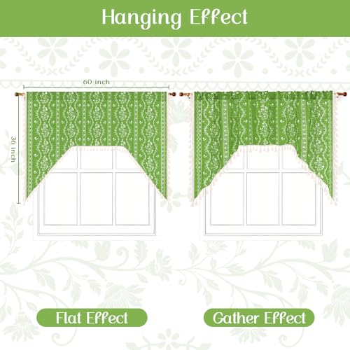 Image of Yinhua Boho Swag Valance Curtains Vintage Linen Valances for Windows Light Filtering Floral Kitchen Valance Rod Pocket Farmhouse Rustic Tassel Window Valances for Bathroom Cafe, 60 inch W x 36 inch L, Green