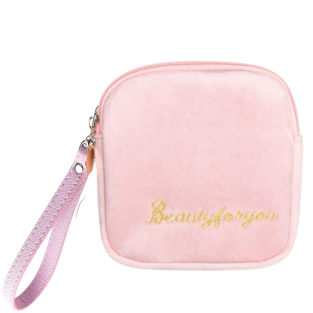 Adorable Pink Peri - Reusable Sanitary Napkin Pads Storage Bag Portable for Women Girls | Soft Touch Velvet with Matching Open Clip Lanyard | Reusable | Zero Waste Period (Pink Velvet)