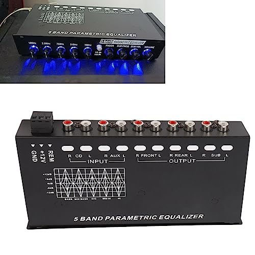 Car Audio Equalizer, 5 Band EQ Tuning Crossover Amplifier Graphic Equalizer, Tuning, CD AUX Input Select Switch, Front and Rear SUB Output, for Motorcycle Car Stereo