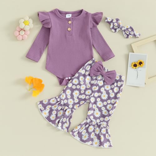fhutpw Newborn Baby Girl Clothes Rib Frill Long Sleeve Romper Daisy Flared Pants Headband Set 3pcs Fall Winter Outfits2