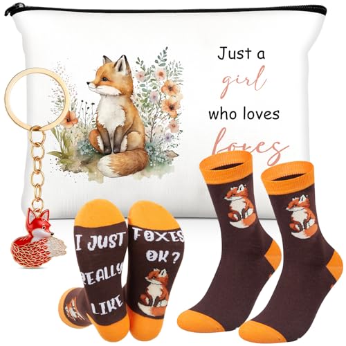 Photect 3 Pcs Foxes themed Set for Girls Gifts Includes Socks Makeup Bag and Stainless Steel Keychain for Christmas Birthday Graduation Thanksgiving