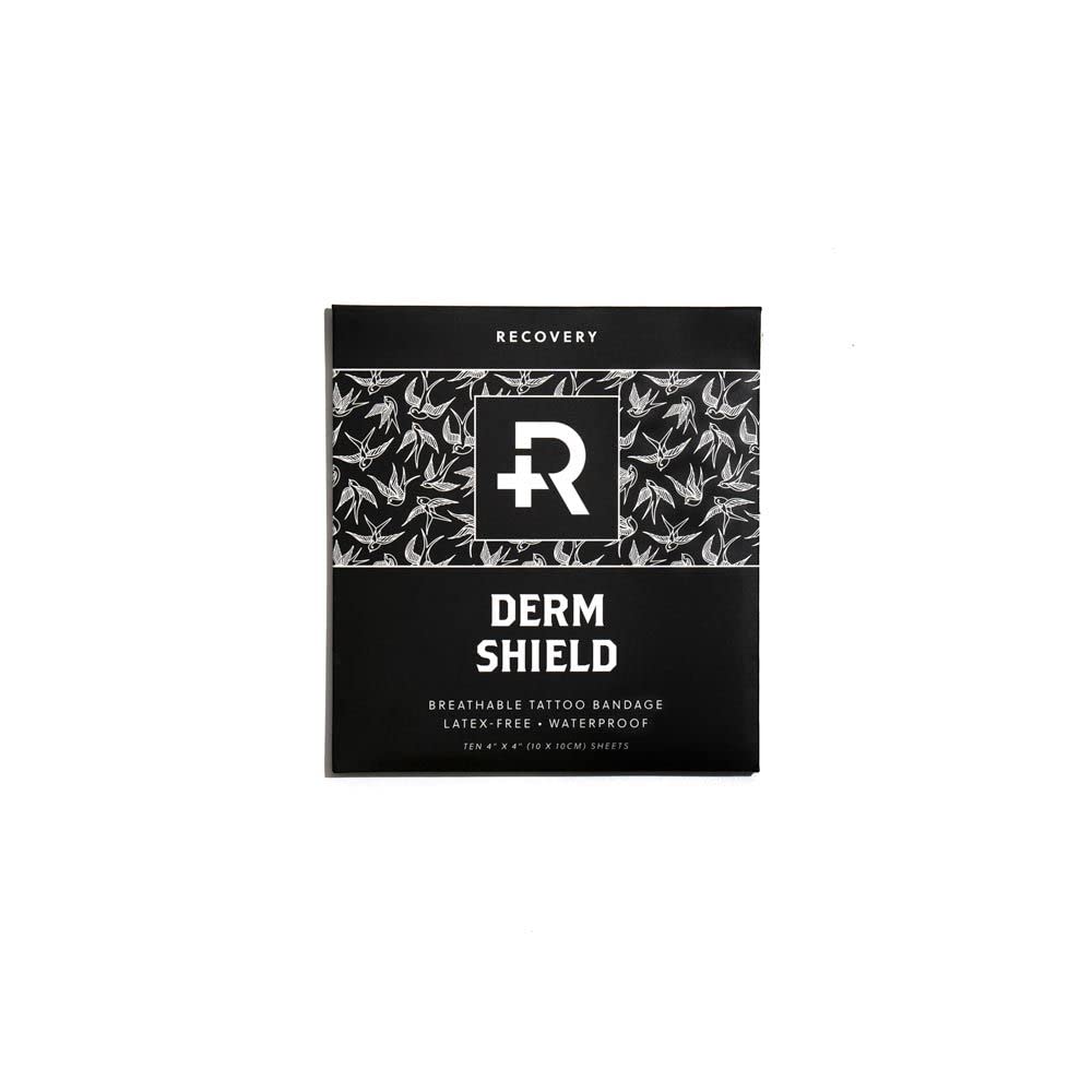 Recovery Aftercare Derm Shield Tattoo Aftercare Bandage - Transparent, Waterproof Adhesive Bandages - 4 x 4 Inches, 10 Pack