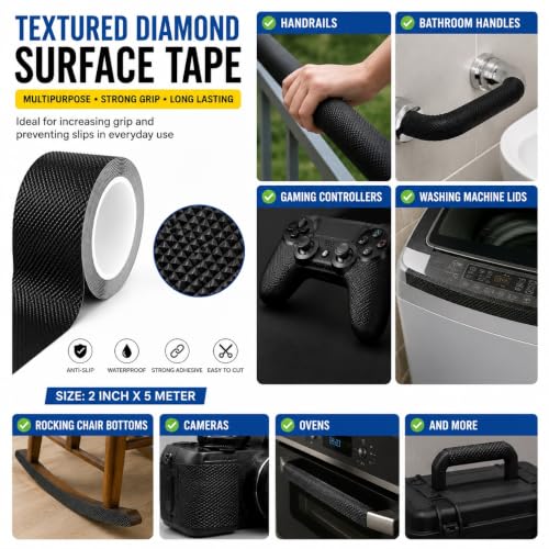 Image of Diamond Texture Rubber Grip Tape for Handles and Surfaces | Anti Skid Adhesive Tape for Heavy Grip on Indoor and Outdoor Stairs, Gadgets, DIY Tools Use-(2In x 16.4Ft), Black