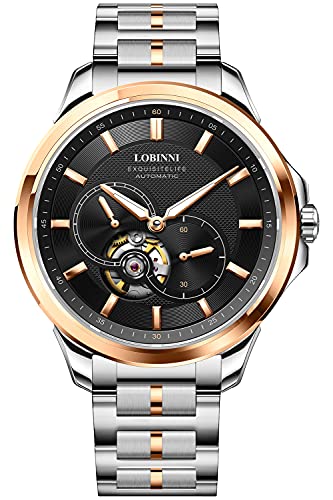 LOBINNI Orologio analogico di lusso con calendario automatico meccanico in acciaio inossidabile, Rosa-bianco, Orologio analogico, meccanico