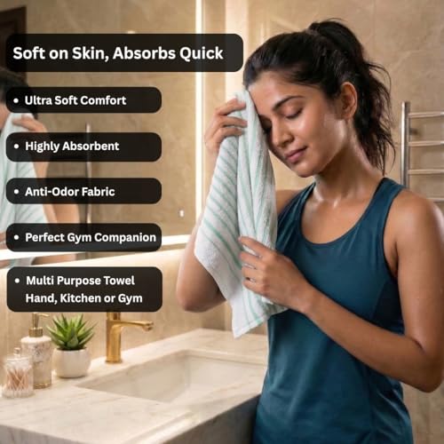 Image of Athom Living Premium Hand Towels- Cotton, 400 GSM, Ultra Soft, Quick Dry, Highly Absorbent | for Hand, Kitchen and Gym | 60 * 40 cm, Pack of 4 (White with Brown & Sea Green Stripes)