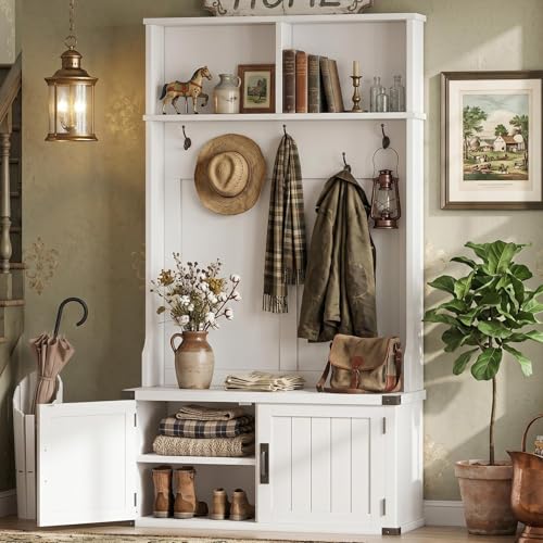 Garvee Farmhouse Hall Tree with Bench and Shoe Storage, 77″ Tall Entryway Hall Tree w/ 5 Tri-Hooks Coat Rack, Mudroom Rack w/Bench & Door, Adjustable Shelf, 2 Top Cubbies Storage, Space Saving, White
