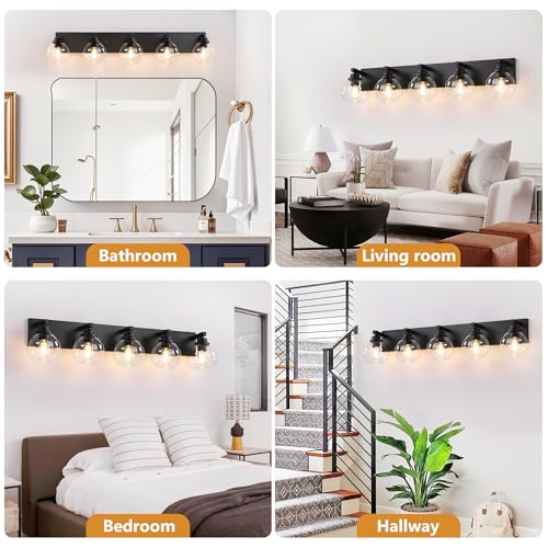 Image of LmnLvn Farmhouse 5-Light Vanity Light, Matte Black Metal with Glass Shade