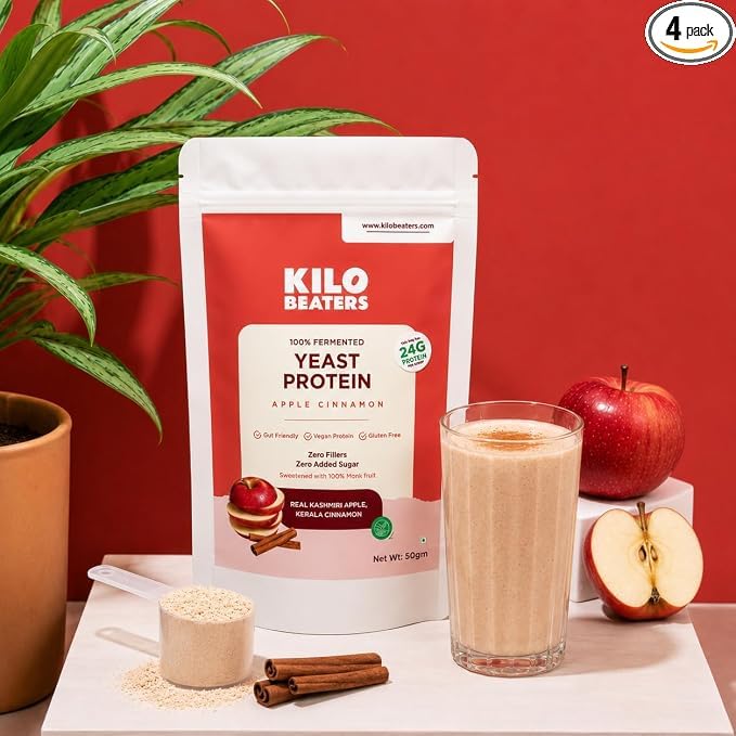 Image of Kilobeaters Whey Protein Isolate Powder with Yeast Protein 50g (Pack of 4) & Fermented Yeast Protein Powder 50g (Pack of 4) Combo | Real Alphonso Mango & Apple Cinnamon