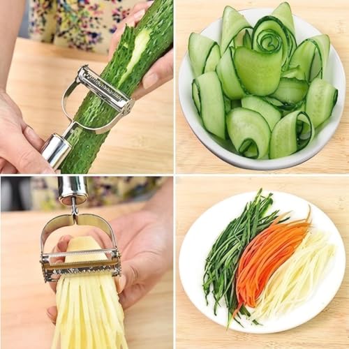 Image of Stainless Steel 2 in 1 Julienne Vegetable Peeler Multi-Functional Fruit Vegetable Shredder Slicer Double Planing Cutter Potato Cucumber Carrot Melon Grater [ 1-pcs ]