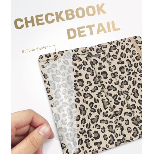 Image of Checkbook Cover for Men Women, Premium Leather Checkbook Holder with RFID Blocking and Built in Clear Plastic Divider for Personal and Business Checks (Leopard-Yellow)