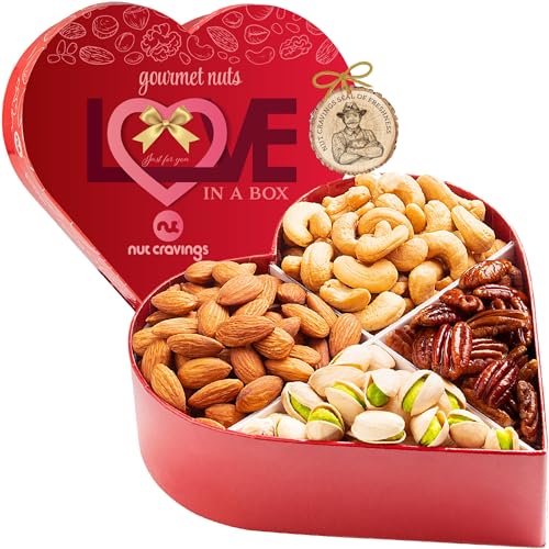 NUT CRAVINGS - Mixed Nuts Heart Shaped Gift Basket, Love in A Box (4 Assortments) Romantic Food Arrangement, Healthy Snack Care Package, Kosher