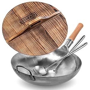 YOSUKATA Silver Round Bottom Wok Pan – 14″ Woks and Stir Fry Pans + Cast Iron Wok Cover – Premium Wok Cover 14 inch Pan Lid + Wok Spatula and Ladle – Set of 2 Heat-Resistant Wok Tools