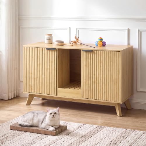 Image of Seang Double Cat Litter Box Enclosure for 2 Cats,Fluted Hidden Litter Box Furniture with Litter Collector & Scratch Pad,47 inch Large Enclosed Cat Cabinet,Cat House,TV Stand,for Living Room,Natural