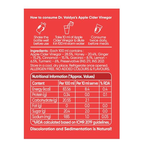 Image of Dr. Vaidya Apple Cider Vinegar Juice - Tasty & Highly Effective Ayurvedic Drink | Natural ACV Juice for Weight Loss & Detox | Enriched with Garcinia, Raw Turmeric and Honey | Metabolism Booster | Improves Digestion & Gut Health | Fat Burner for Men & Women | (450ml per Pack) , Pack of 2