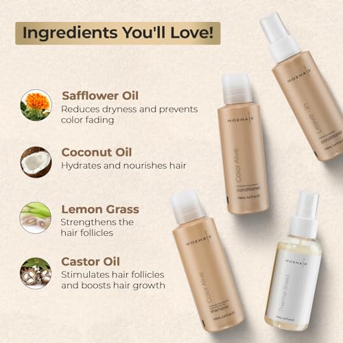 MOEHAIR Travel Kit (Color Alive Shampoo and Conditioner Set, Leave-In Conditioner & Thermal Shield Spray, 3.4 Fl. Oz Each), Travel Friendly | Combats Frizz | Paraben & Sulfate-Free