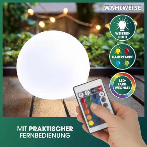 EASYmaxx LED Solarleuchte mit Fernbedienung | 3 kaltweiße Leuchten - Kugeln mit Solarbetrieb & Farbwechsel | dimmbare Helligkeitsstufen, 12 Farben & 5 Leuchtmodi | inklusive Erdspieß & Dämmungssensor
