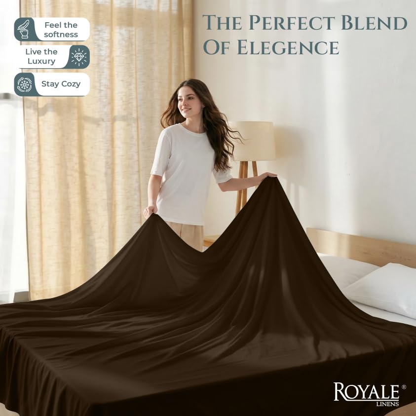 Image of Royale Linen 400 Thread Count 100% Cotton Flat Sheets Only - Cooling Sheets - Full Flat Sheet Sold Separately - Luxury Sateen Weave - Breathable & Super Soft Top Sheet Only (Full,Egyptian Camel)