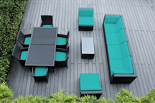 Genuine Ohana Outdoor Sectional Sofa And Dining Wicker Patio Furniture Set (14 Pc Set) With Free Patio Cover (Turquois) #TOP20