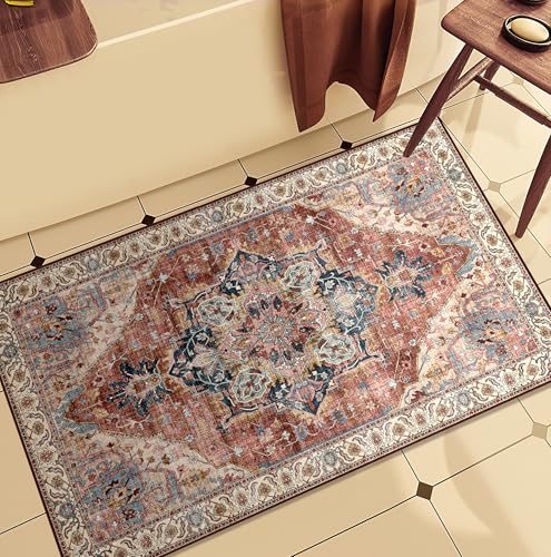 Deerly 2x4 Boho Entryway Rug - Washable Non-Slip Small Bathroom Doormat, Thin Low-Pile Faux Wool Indoor Carpet for Kitchen, Front Entrance, Laundry Room & Apartment, Farmhouse Decor, Brickred by Deerly - Used condition - CA$35.14