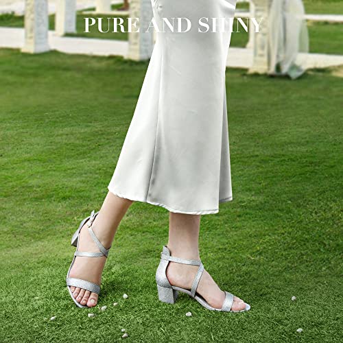 Ankis Silver Glitter 2.25Inches Strappy - Block Heels Comfy Grace Sandals Open Toe Chunky Dress Wedding Party Prom Heels With Adjustable Cross Strap #TOP1