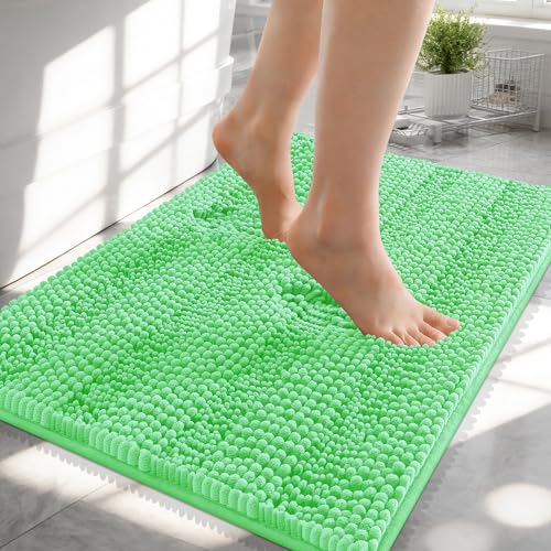 Image of OLANLY Thick Small Bathroom Rugs 24x16, Extra Soft Absorbent Chenille Striped Bath Rugs, Rubber Backing, Machine Wash, Bath Mats for Bathroom Floor, Tub and Shower, Home Decor Accessories, Mint Green
