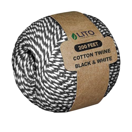 Image of 100% Cotton Twine Macrame Thread | Natural Cotton String for Cooking, Baking, Wrapping, Crafts, DIY Garden Decor & Gift Packaging (Black & White, 16PLY- 200 FEET- Pack of 1)