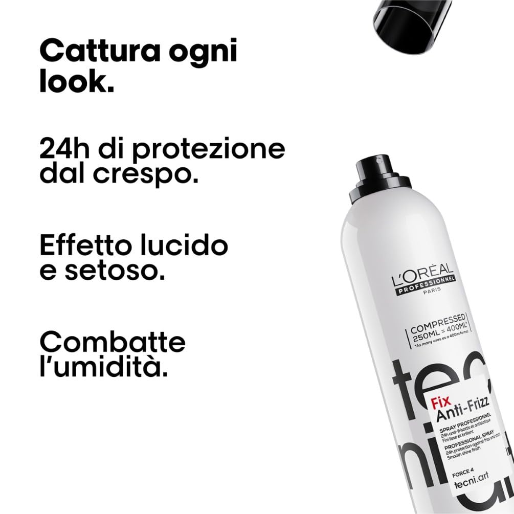 L'Oréal Professionnel, Spray Fissante, Anti-Crespo, Anti-Statico, Per Capelli Crespi, Lunga Tenuta, Look Naturale, Tecni Art Fix Anti-Frizz, 250 ml
