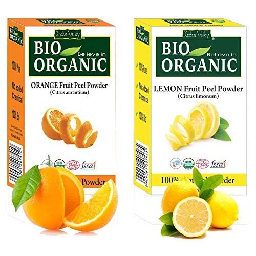 INDUS VALLEY Bio Organic Lemon Fruit Peel Powder | Citrus limonum and Orange Fruit Peel Powder | Citrus aurantium for Face (100g +100g =200g) Combo