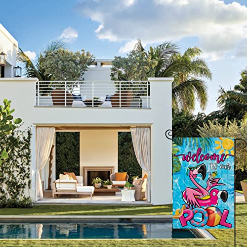 Summer Pool Garden Flags For Outdoor, Flamingo Welcome To Our Pool Small Yard Flags For Outside, Swimming Pool Decoration For Party Holiday 12X18 Inch Double Sided #TOP2