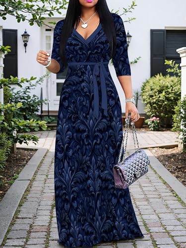 Image of PinkPatty Plus Size Maxi Dresses for Women Casual Flowy Long Dress 3 /4 Sleeve V Neck Wrap Dress with Belt