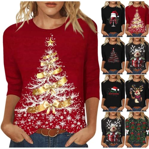 Womens Christmas 3/4 Sleeve Graphic T Shirts Crewneck Casual Fall Tops Tee - image 1