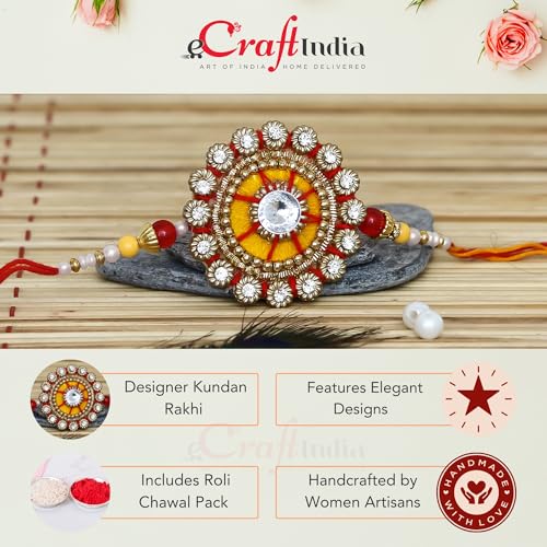 Image of eCraftIndia Orange & Red Kundan Designer Rakhi for Brother with Best Bro Ever Fridge Magnet and Roli Chawal Pack