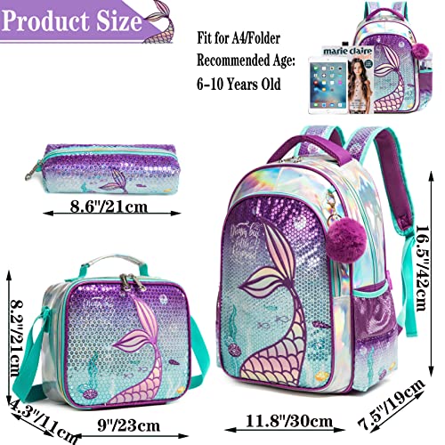 Meetbelify Mermaid Backpack For Gilrs 16" Gliter Sequin Backpacks For Elementary Preschool Students Kids Bookbag With Lunch Box For Girl #TOP1