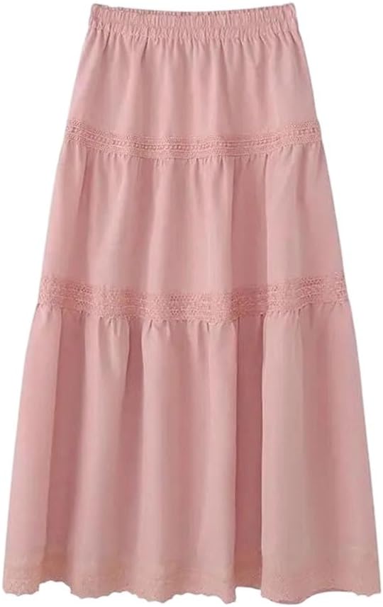 Women Fashion Summer Spring Solid Color Lace Patchwork Long Skirts Work Party A-Line Casual Skirt