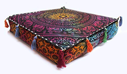 Large Hippie Mandala Round Floor Pillow Cover Ottoman Pouf Cover Daybed Cotton Cushion Cover With Heavy Duty Zipper Seating Ottoman Poufs Dog-Pets Bed (Multi Elephant Flower, 18" Square) #TOP1