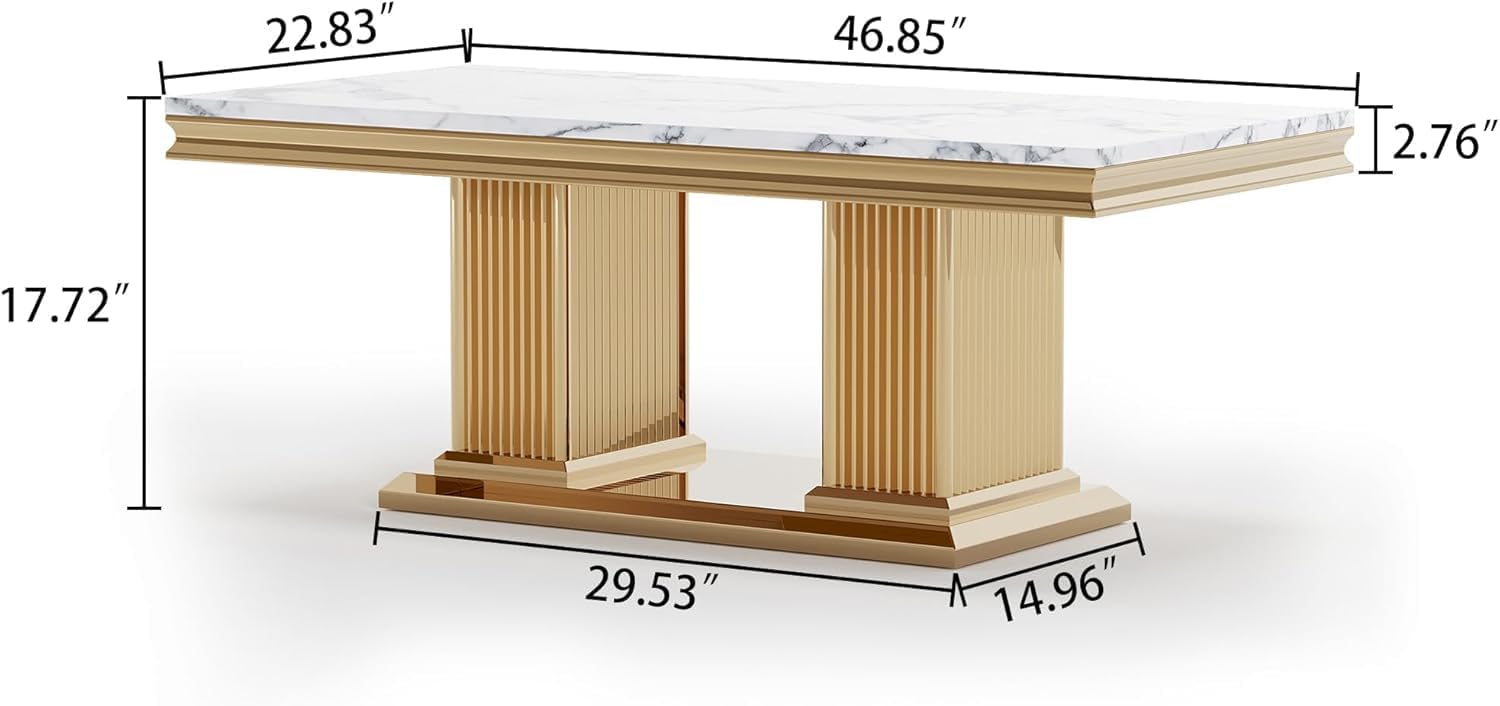 Luxury Faux Marble Coffee Table with Polished Gold Stainless Steel Columnar Base 47" Rectangular White Marble Center Table Elegant Cocktail Table for Living Room Bedroom Office